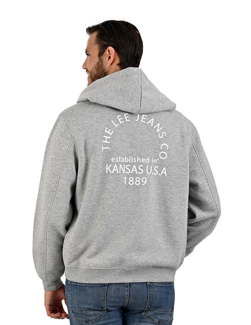 LEE sudadera hoodie gris para caballero con cierre y estampado en espalda.